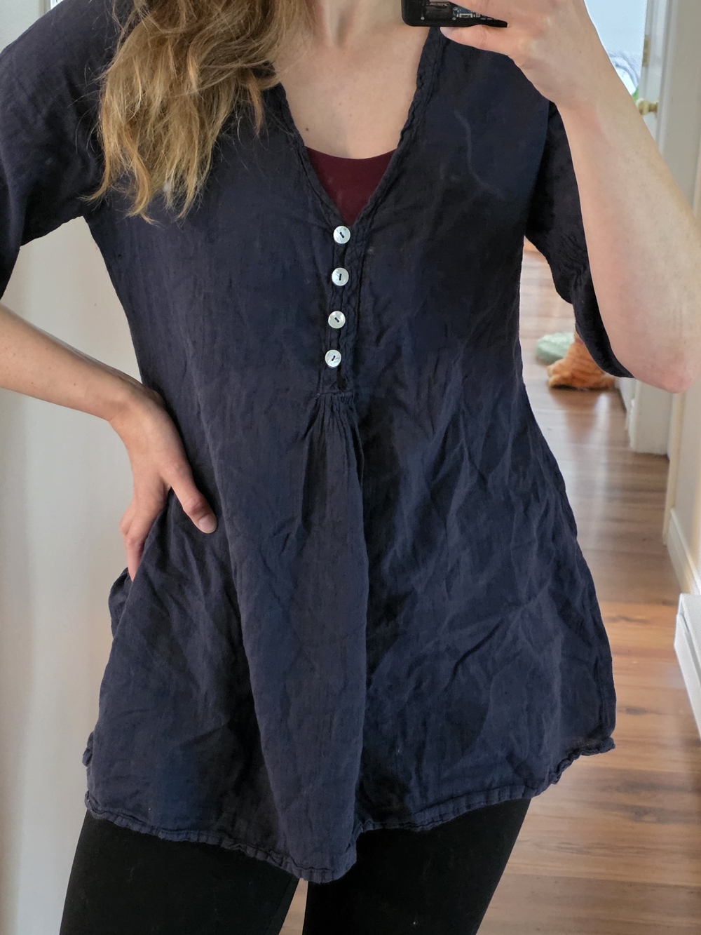 Linen Blend Button-Front Tunic | Size Medium